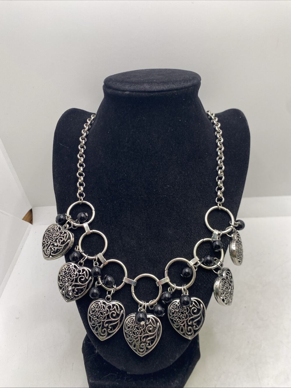 Womens Multiple Heart Charm Womens Silver Tone Necklace Bib